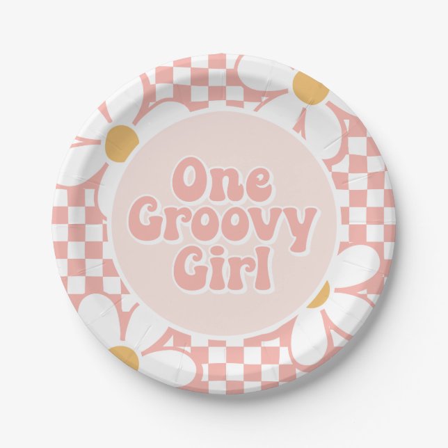 One Groovy girl Pink Daisy Checker Paper Plates (Front)