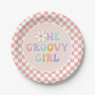 One Groovy girl Pink Daisy Checker Paper Plates