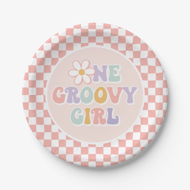 One Groovy girl Pink Daisy Checker Paper Plates (Front)