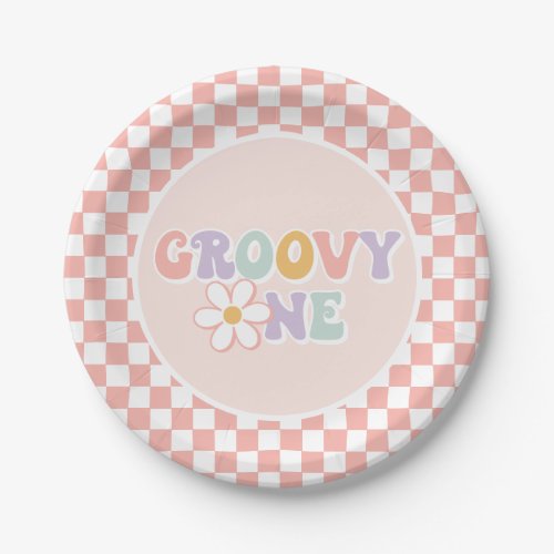 One Groovy girl Pink Daisy Checker Paper Plates