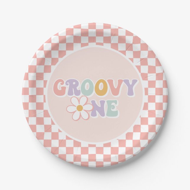 One Groovy girl Pink Daisy Checker Paper Plates (Front)