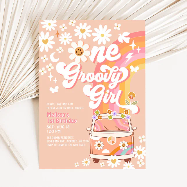 ONE Groovy Girl Pink Peach Van Daisy 1st Birthday Invitation | Zazzle