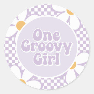 One Groovy Girl Purple Daisy Checker Classic Round Sticker