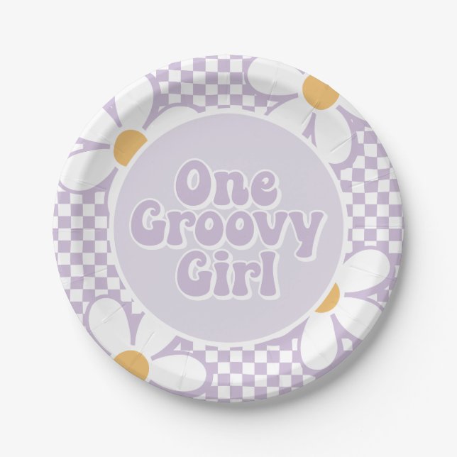 One Groovy Girl Purple Daisy Checker Paper Plates (Front)