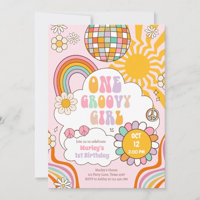 One Groovy Girl Retro 70s Rainbow 1st Birthday Invitation (Front)