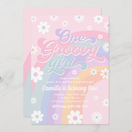 One Groovy Girl Retro Daisy Pink Rainbow Birthday Invitation