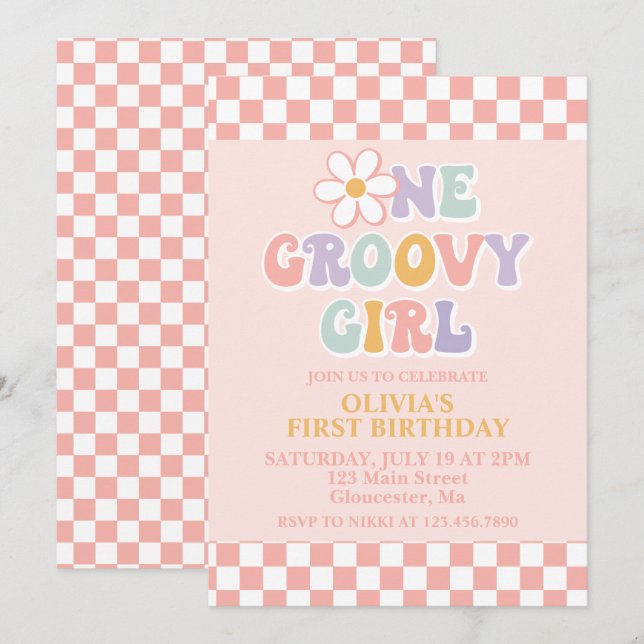 One Groovy Girl Retro Girl First Birthday Invitation (Front/Back)