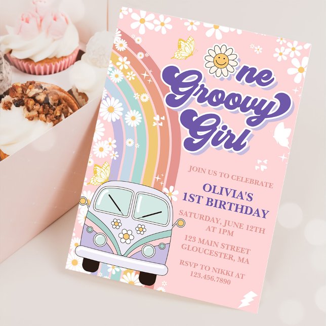 One Groovy Girl Retro Rainbow 1st Birthday Invitation (Creator Uploaded)