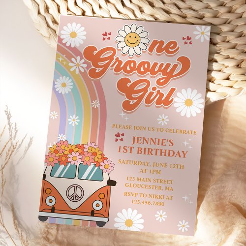 One Groovy Girl Retro Rainbow 1st Birthday Invitation