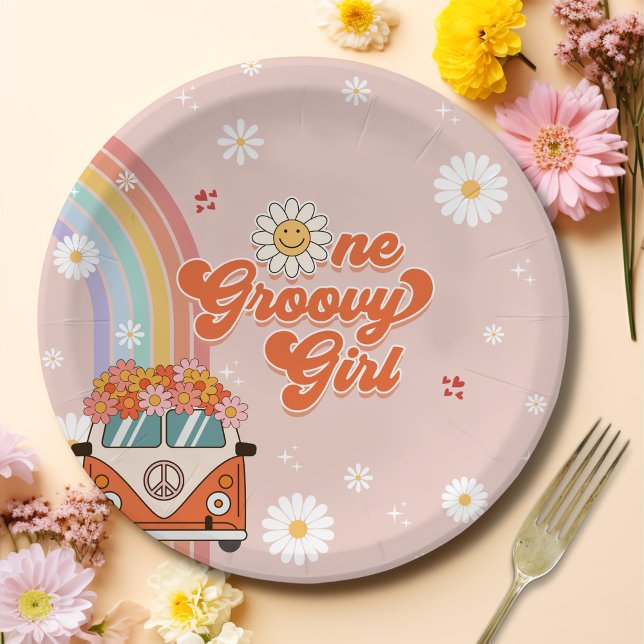 One Groovy Girl Retro Rainbow 1st Birthday Paper Plates (Creator Uploaded)