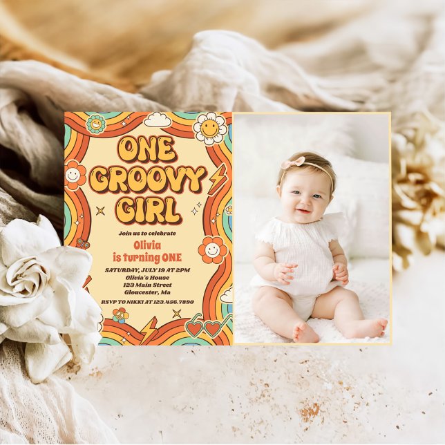 One Groovy Girl Retro Rainbow 1st Birthday Photo Invitation (Creator Uploaded)