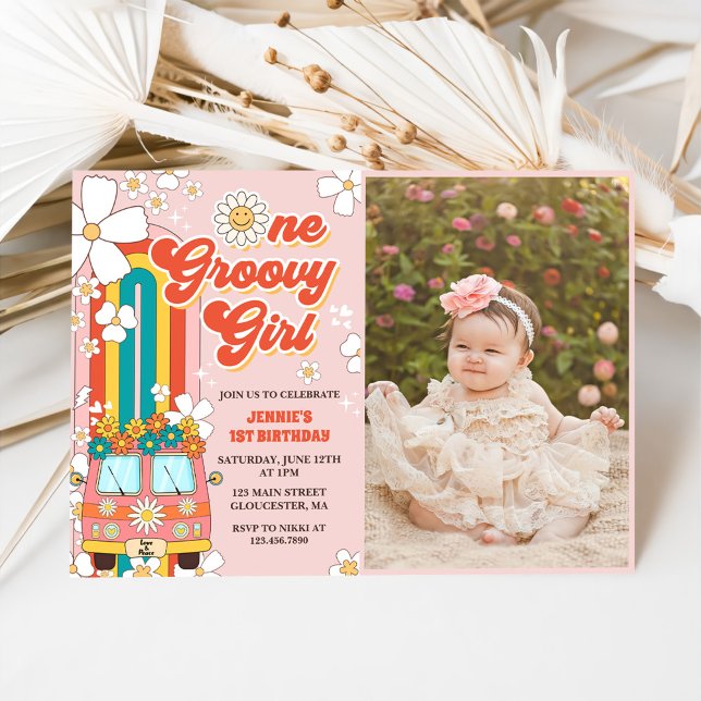 One Groovy Girl Retro Rainbow 1st Birthday Photo Invitation (Creator Uploaded)