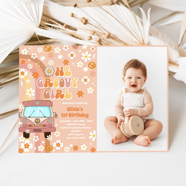One Groovy Girl Retro Rainbow 1st Birthday Photo Invitation (Creator Uploaded)