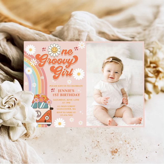 One Groovy Girl Retro Rainbow 1st Birthday Photo Invitation (Creator Uploaded)