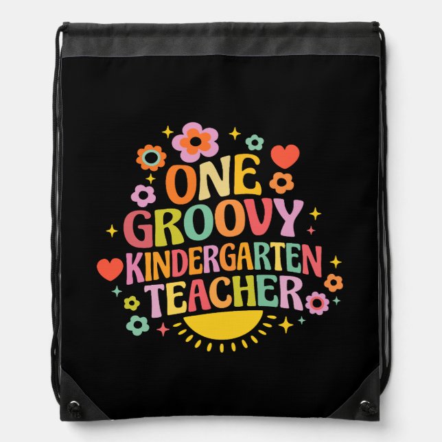 One groovy kindergarten teacher drawstring bag (Front)