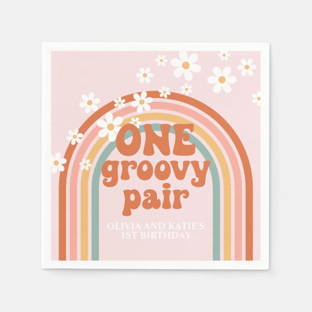 One Groovy Pair daisy rainbow 1st birthday Napkins (Front)