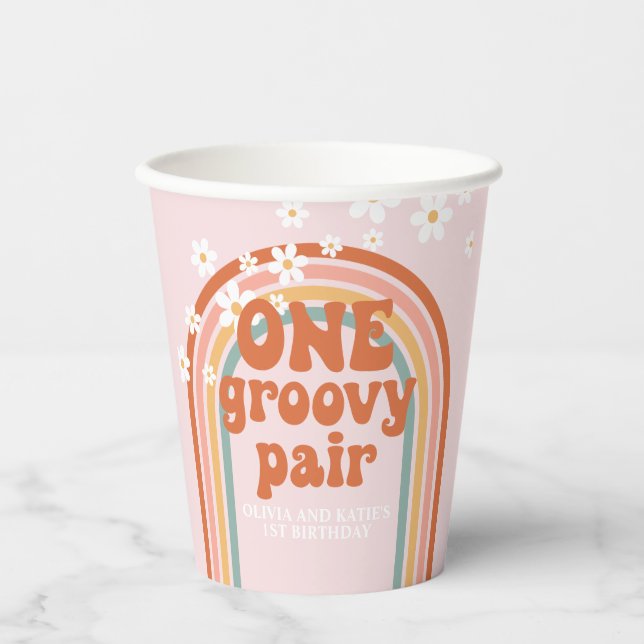One Groovy Pair daisy rainbow 1st birthday Paper Cups (Front)