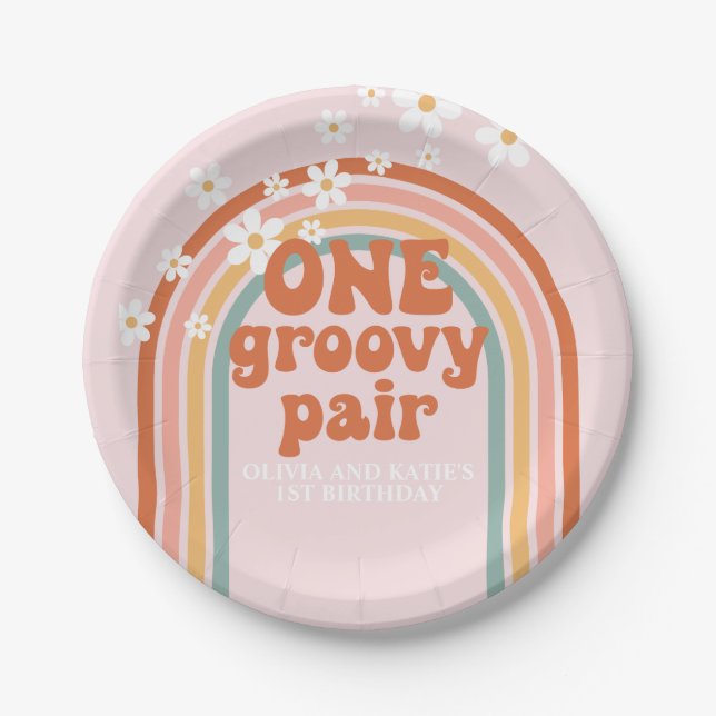One Groovy Pair daisy rainbow 1st birthday Paper Plates (Front)