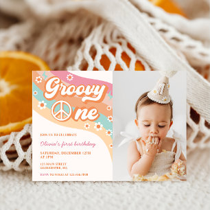 One Groovy Retro Daisy 1st Birthday Party Photo Invitation
