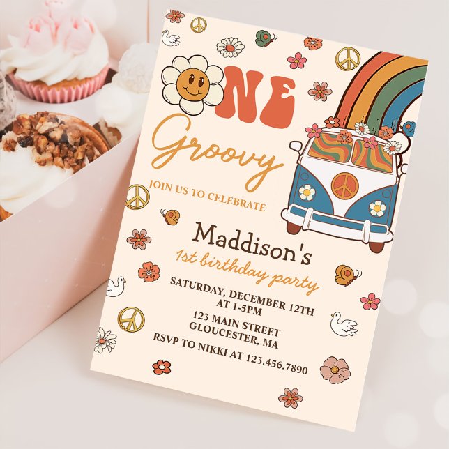 One Groovy Retro Rainbow 1st Birthday Party  Invitation (Creator Uploaded)