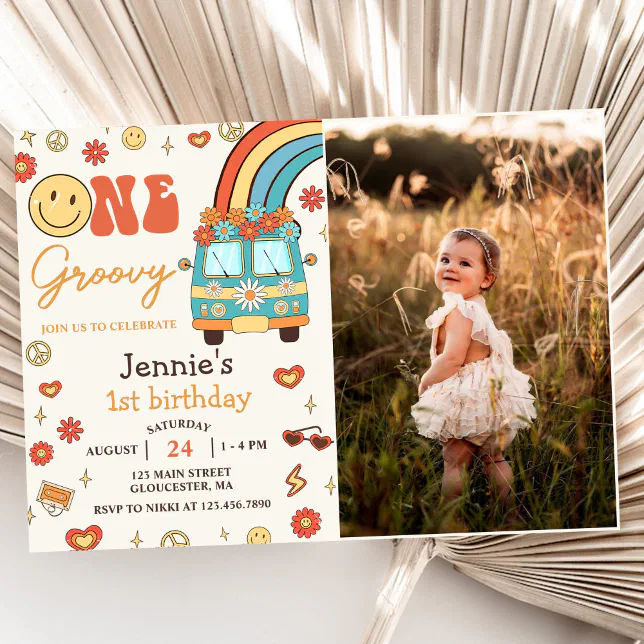 One Groovy Retro Rainbow 1st Birthday Party Photo Invitation | Zazzle
