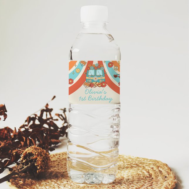 One Groovy Retro Rainbow 1st Birthday Water Bottle Label (Creator Uploaded)