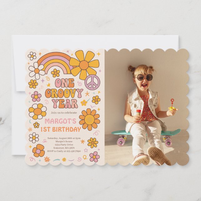 One Groovy Year 1st Birthday Party Photo Invitation (Front)