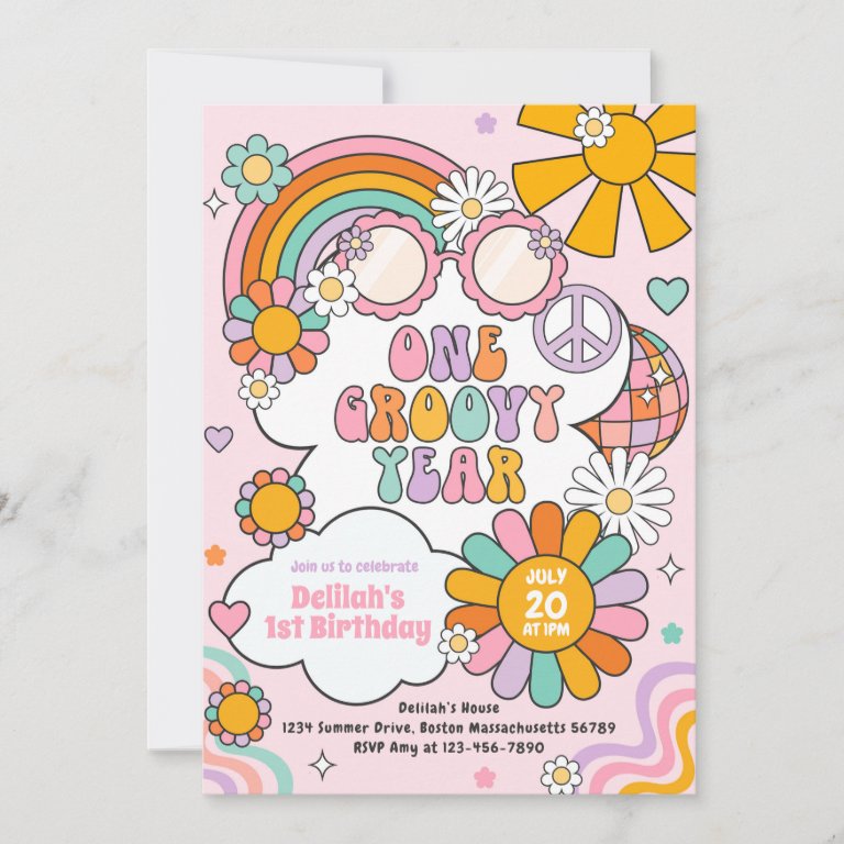 One Groovy Year 70s Flower Power Rainbow Birthday                    Invitation