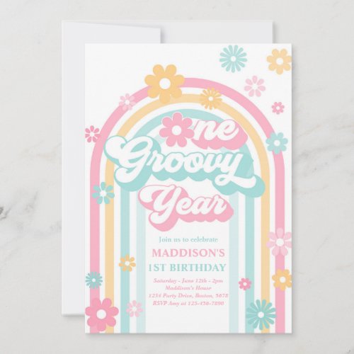 One Groovy Year Boho Daisy Rainbow 1st Birthday Invitation