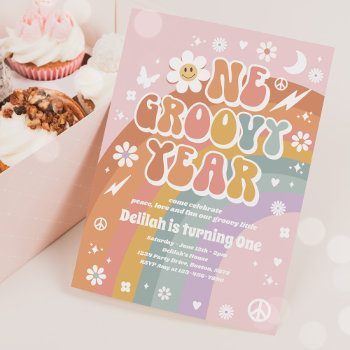 One Groovy Year Peace Love Party Rainbow Birthday Invitation by PixelPerfectionParty at Zazzle