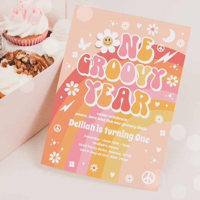 One Groovy Year Peace Love Party Rainbow Birthday Invitation (Creator Uploaded)
