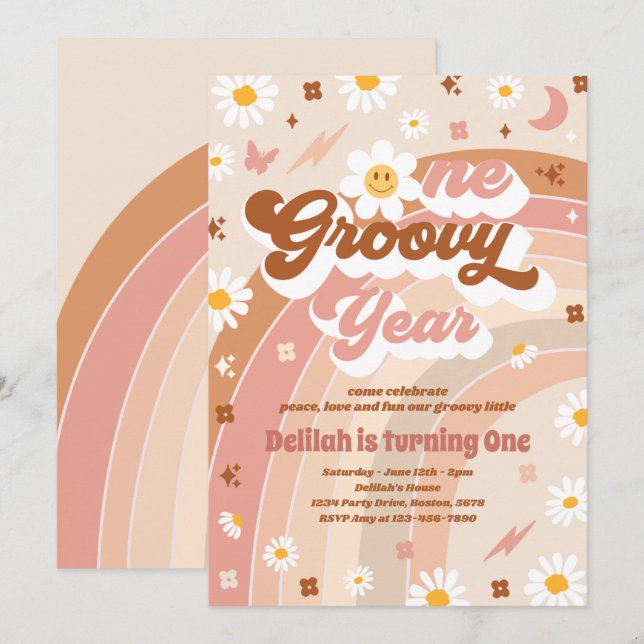 One Groovy Year Peace Love Party Rainbow Birthday Invitation (Front/Back)
