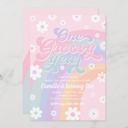 One Groovy Year Retro Daisy Pink Rainbow Birthday Invitation