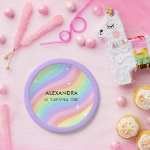 One Groovy Year Retro Pastel Rainbow 1st Birthday Paper Plates