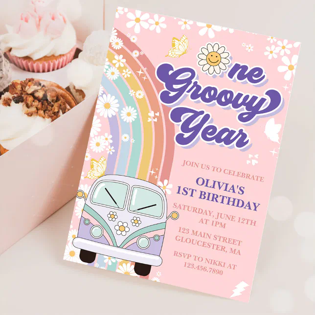 One Groovy Year Retro Rainbow 1st Birthday Invitation | Zazzle