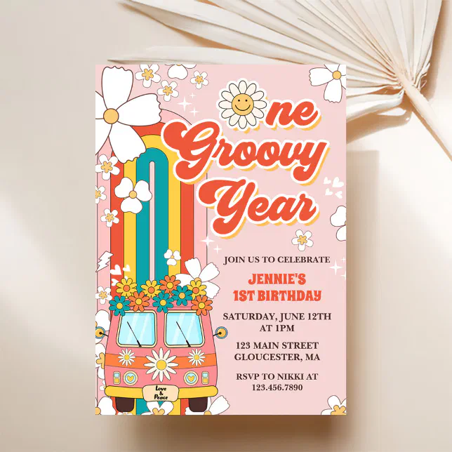 One Groovy Year Retro Rainbow 1st Birthday Invitation | Zazzle