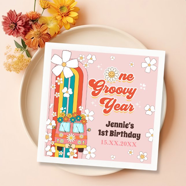 One Groovy Year Retro Rainbow 1st Birthday Napkins (Creator Uploaded)