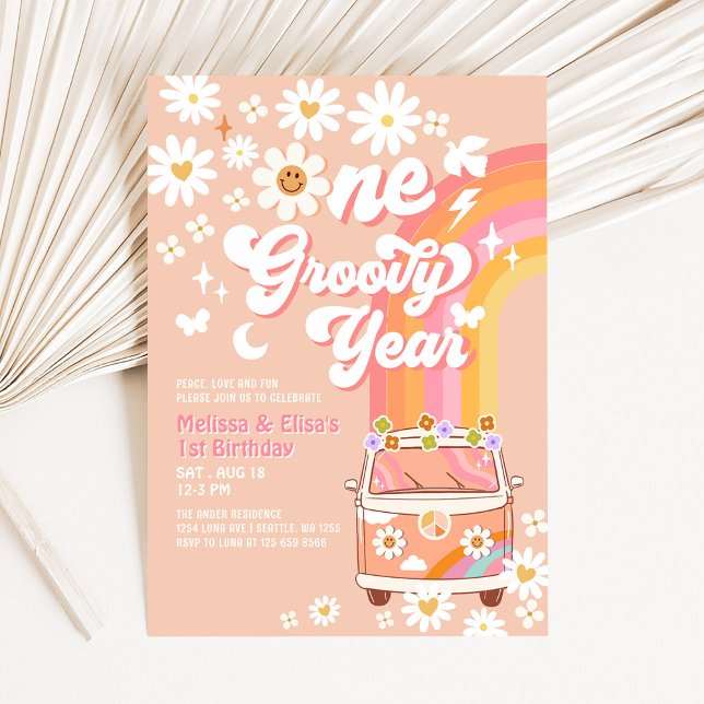 ONE Groovy Year Twin Pink Peach 1st Birthday Invitation (Creator Uploaded)