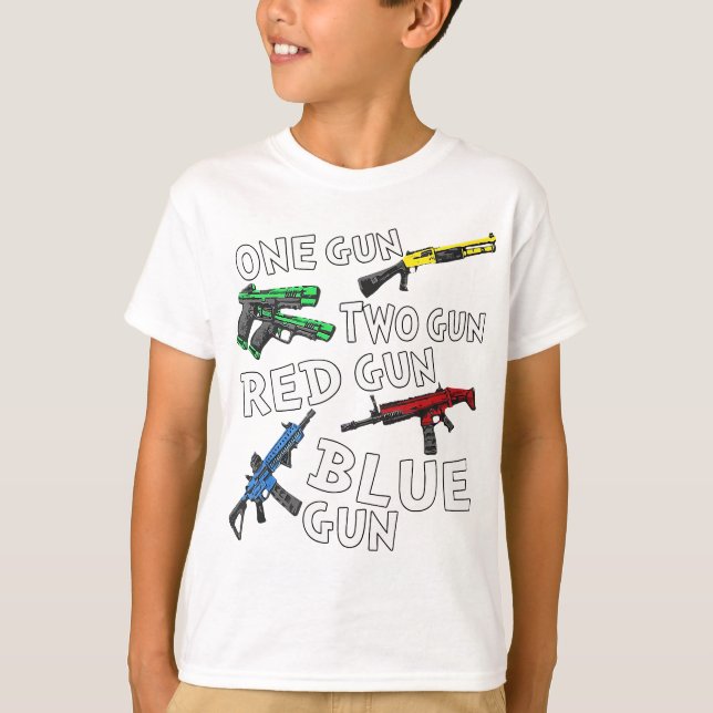 One Gun Two Gun Red Gun Blue Gun T-Shirt (Front)