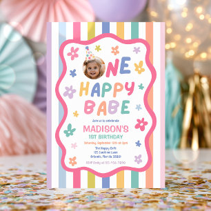 One Happy Babe Colorful Pastel 1st Birthday Party Invitation