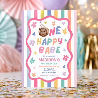 One Happy Babe Colorful Pastel 1st Birthday Party Invitation
