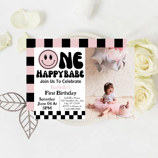 One Happy Babe Girl 1st Birthday Photo Invitation | Zazzle