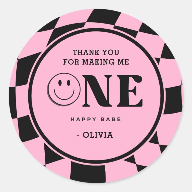 One Happy Babe Girl Pink 1st Birthday Thank You Classic Round Sticker (Front)