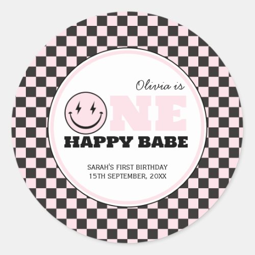 One Happy Babe Girls Pink 1st Birthday Classic Round Sticker