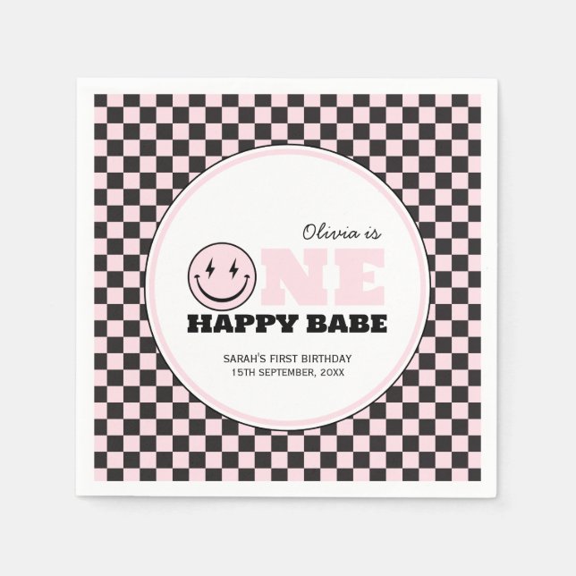 One Happy Babe Girls Pink 1st Birthday Napkins (Front)