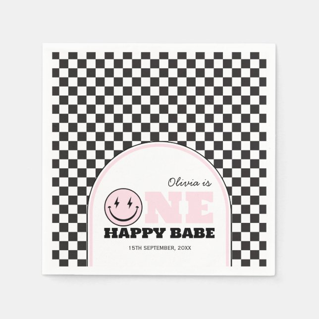 One Happy Babe Girls Pink 1st Birthday Napkins (Front)