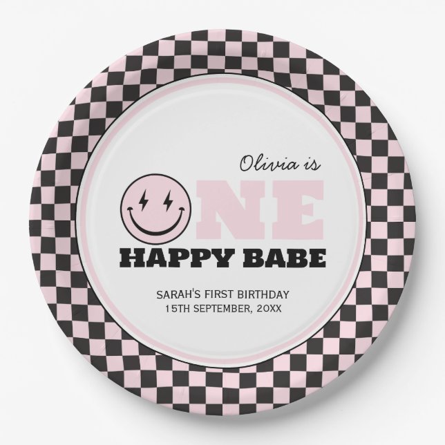 One Happy Babe Girls Pink 1st Birthday Paper Plates (Front)