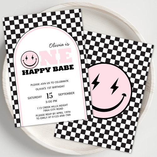 One Happy Babe Girls Pink First Birthday  Invitation