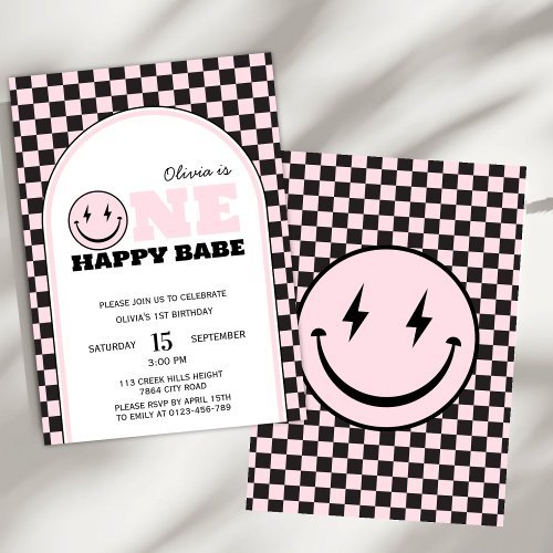 One Happy Babe Girls Pink First Birthday  Invitation