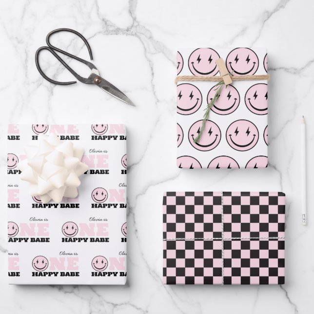 One Happy Babe Girls Pink First Birthday  Wrapping Paper Sheets (Front)